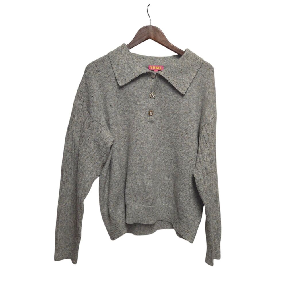Vintage‎ THML Sweater Collared Pearl Buttons 1X Gray Tan